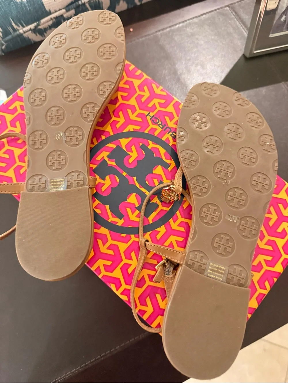 Tory Burch Cognac Leather Logo Thong Sandals